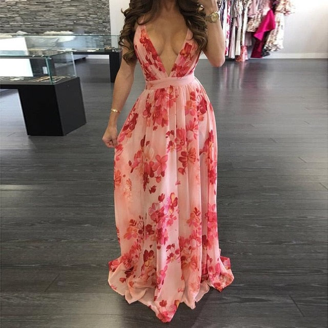 Women Dresses Summer Sexy Maxi Boho Style Print Party Dress Deep V Neck Backless Long Dress