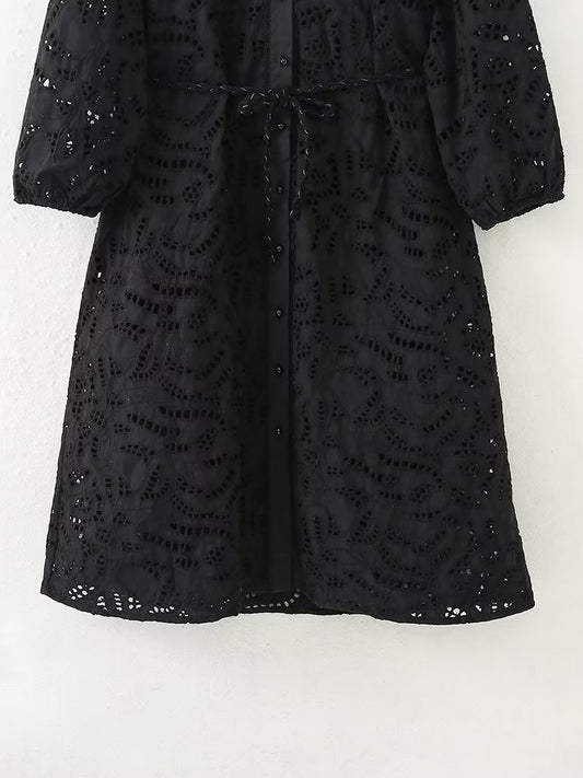 Women Fashion Summer With Belt Button-up Black Embroidery Dress