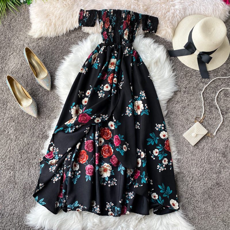 Bohemian Holiday Printed Floral Long Dress With Off The Shoulder Wrap Chest Irregular Split Dress