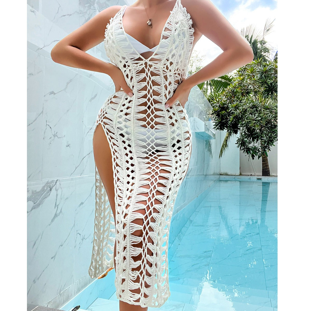 Women's beach vacation sexy hand hook woven hollowed out high slit suspender skirt bikini cover up skirt