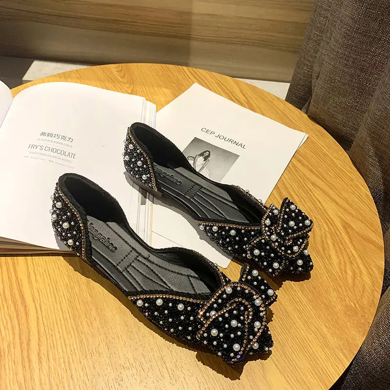 Flats Rhinestone Green Pointed Toe with Crystals Diamond Shoes for Woman 2023 Pearl Flat Women's Summer Footwear Spring E Shoe A