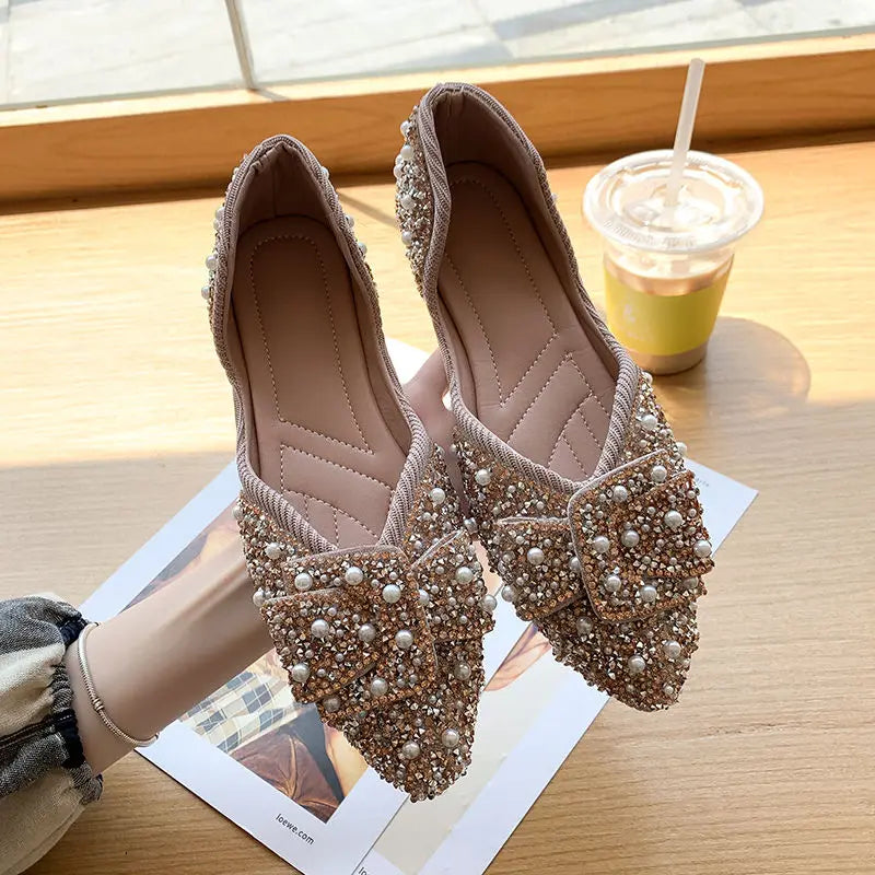 Flats Rhinestone Green Pointed Toe with Crystals Diamond Shoes for Woman 2023 Pearl Flat Women's Summer Footwear Spring E Shoe A