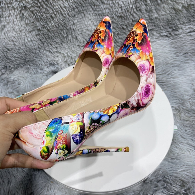 Floral Painting Print Women Pointy Toe High Heel Shoes Elegant Ladies Patent Slip On Stiletto Pumps 8cm 10cm 12cm