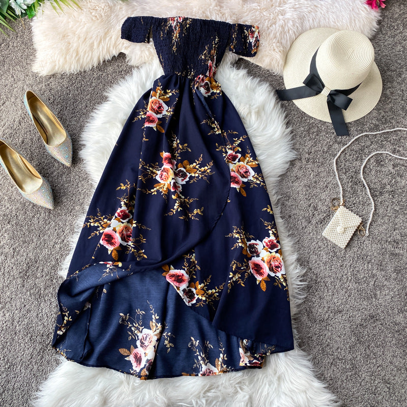 Bohemian Holiday Printed Floral Long Dress With Off The Shoulder Wrap Chest Irregular Split Dress