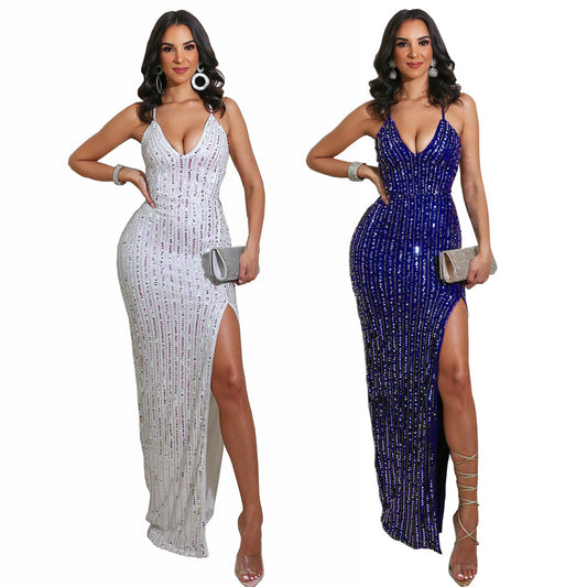 Sexy Backless Strap Slit Sequins Nightclub Party Dress