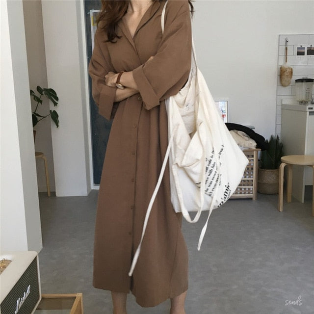 Korea chic Long Sleeve Shirt Dress  New Autumn Spring Casual Patchwork Dresses OL Turn Down Collar Buttons Loose Dresses