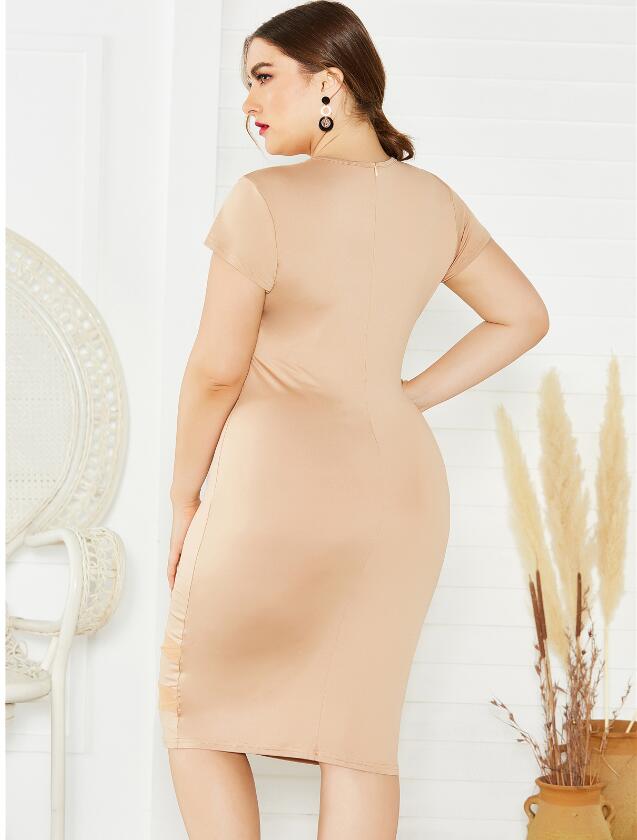 Sexy Plus Size Women's European And American Foreign Trade Fat Woman Dress Solid Color Mesh Stitching Dress