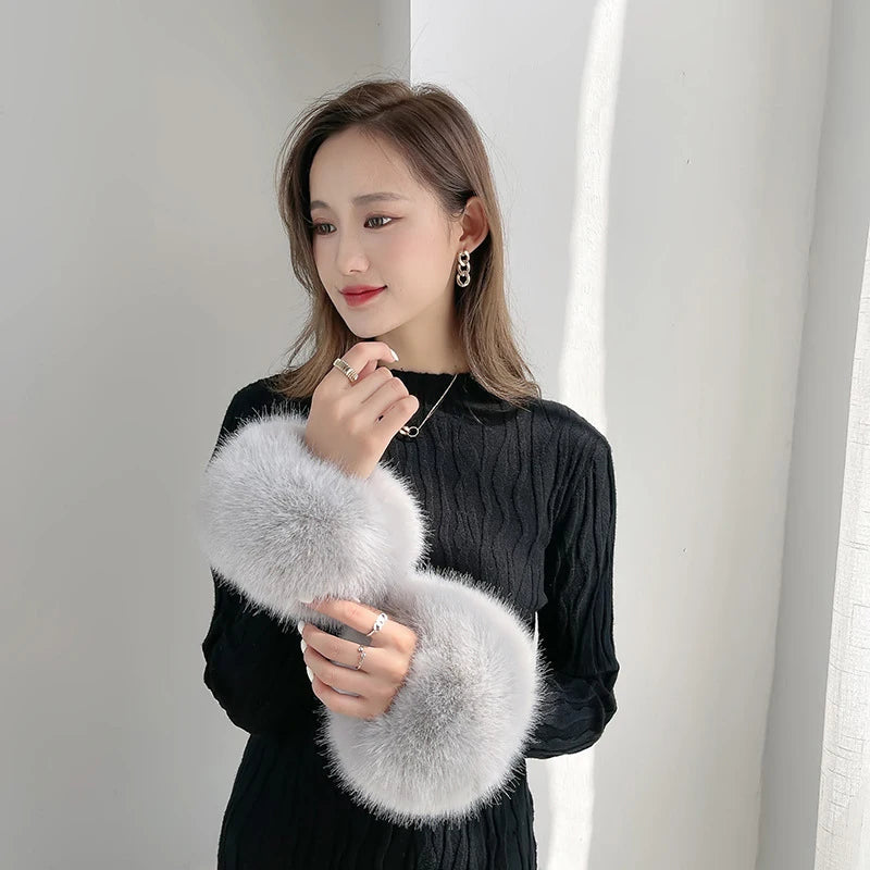 Winter Warm Women Arm Warmer Faux Fox Fur Soft Elastic Wrist Slap On Cuffs Arm Warmer Plush Thicken Accessories Gray White