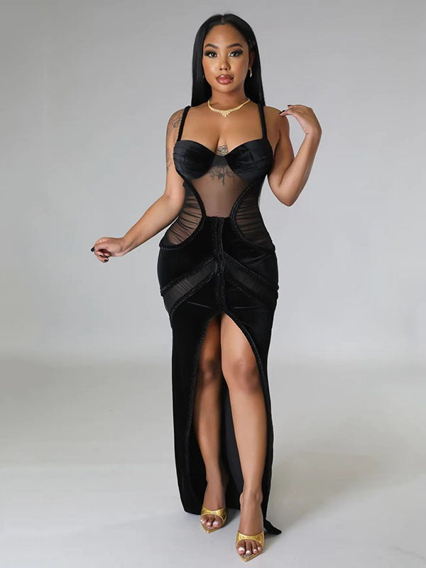 Sexy mesh perspective split velvet suspender strapless long dress, light luxury luxury, luxury, and high-end small dress