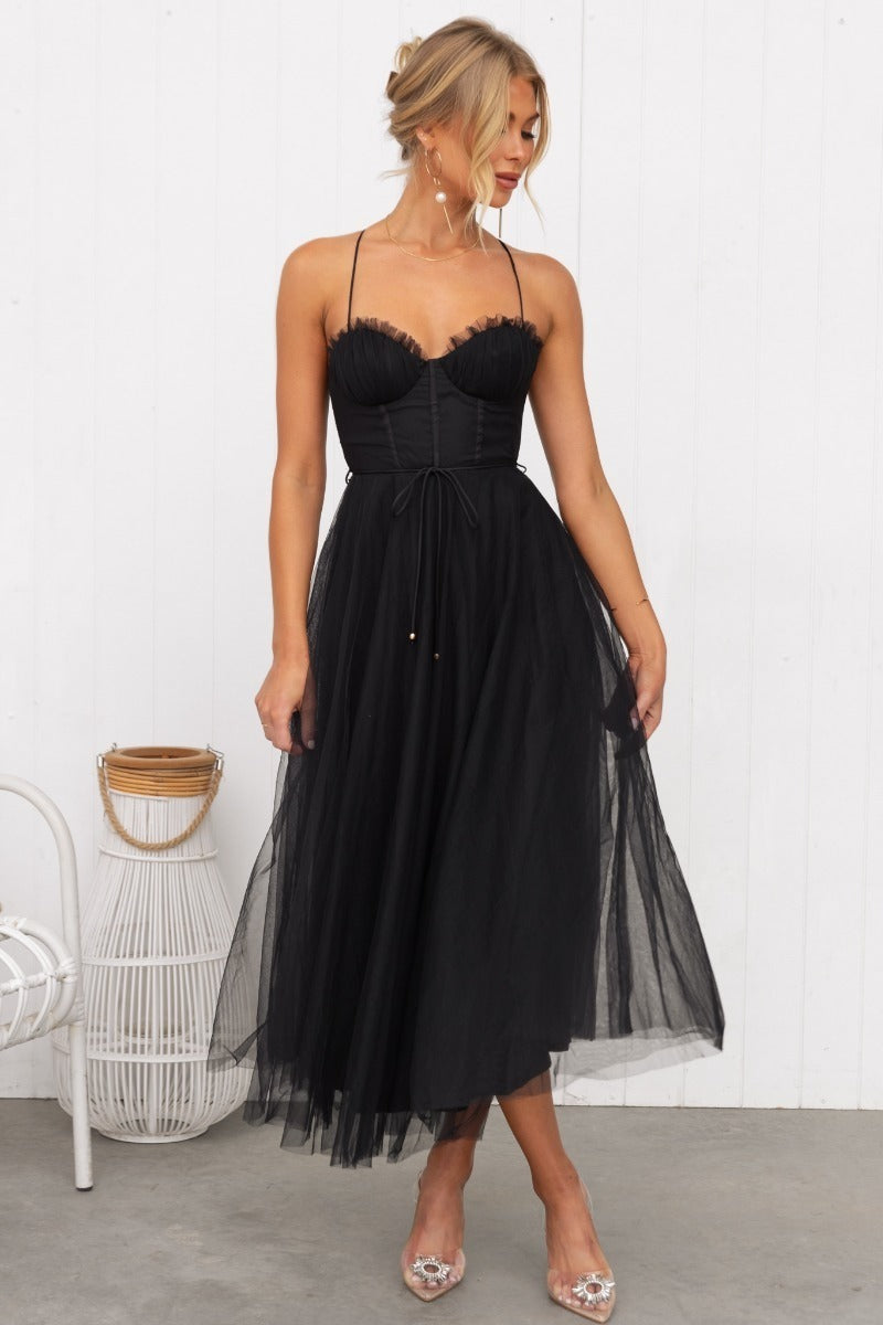 New Style Sexy Hanging Strap Mesh Party Evening Dress Dress