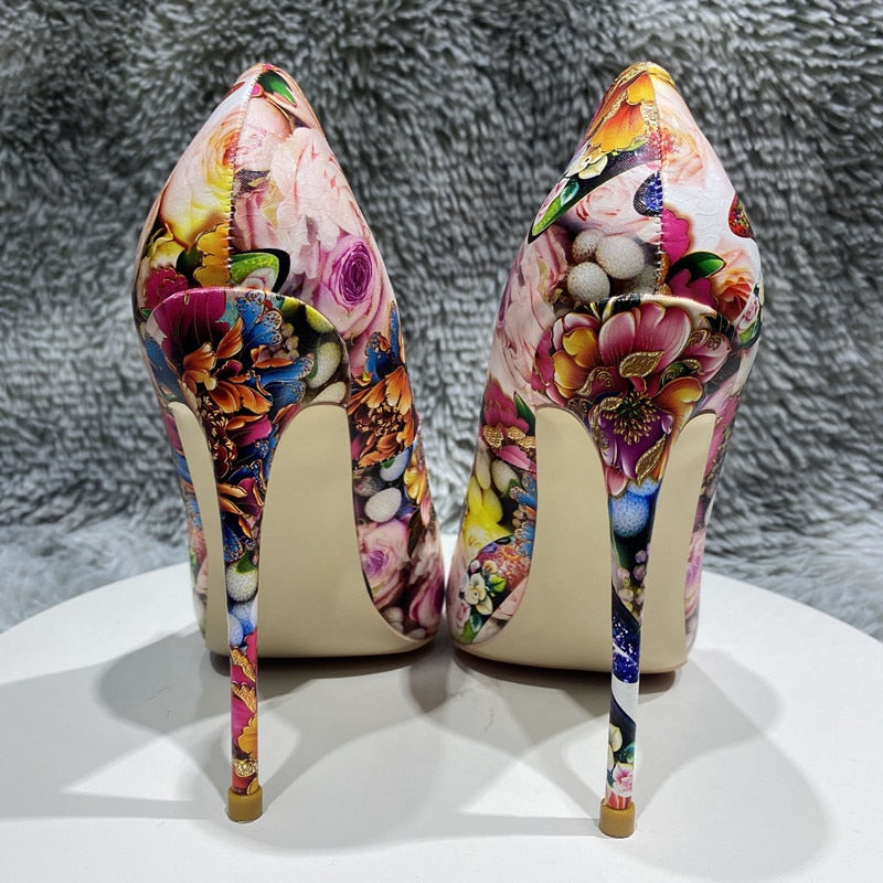 Floral Painting Print Women Pointy Toe High Heel Shoes Elegant Ladies Patent Slip On Stiletto Pumps 8cm 10cm 12cm