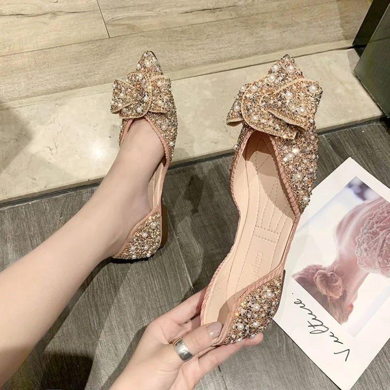 Flats Rhinestone Green Pointed Toe with Crystals Diamond Shoes for Woman 2023 Pearl Flat Women's Summer Footwear Spring E Shoe A