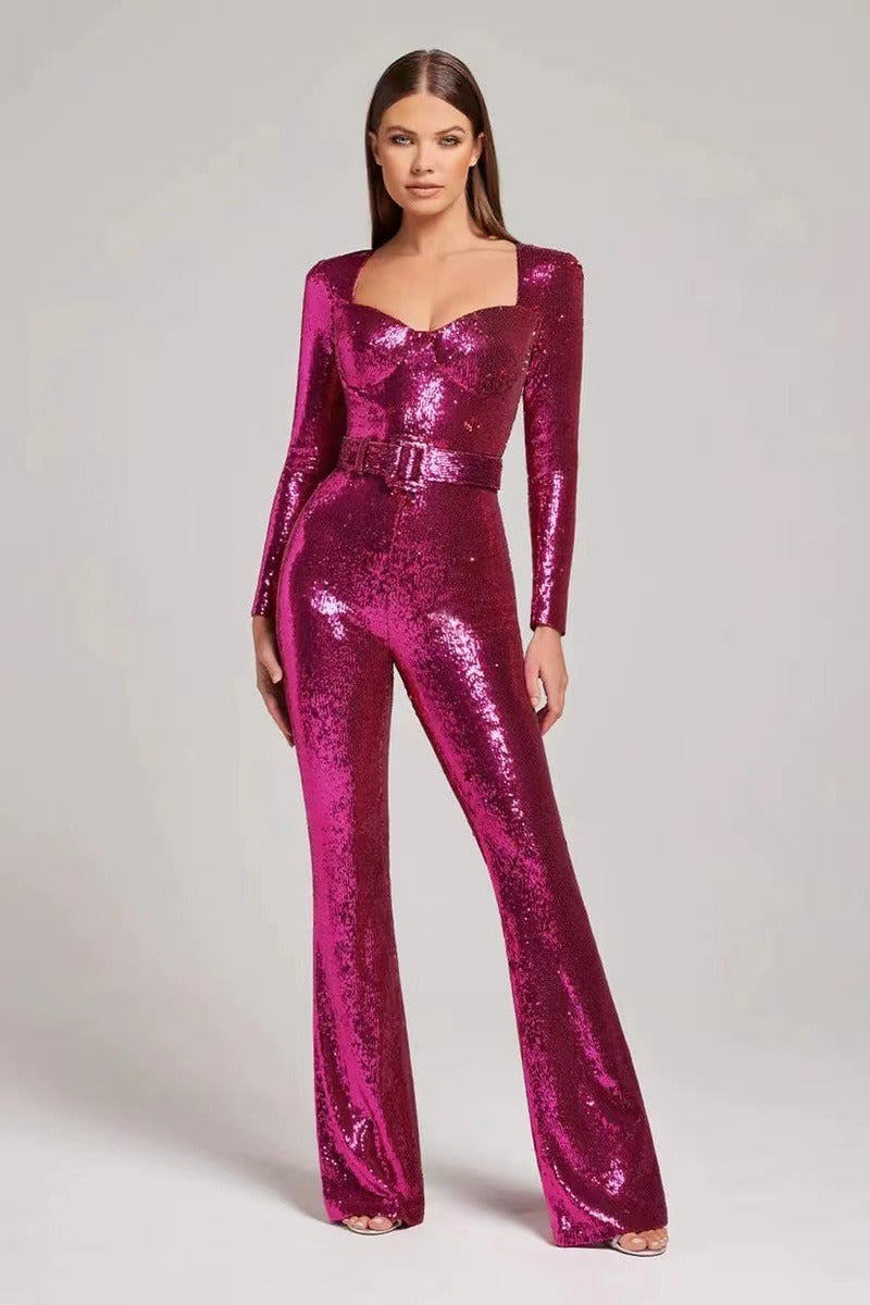 Belt mopping jumpsuit sequin evening dress fashion set