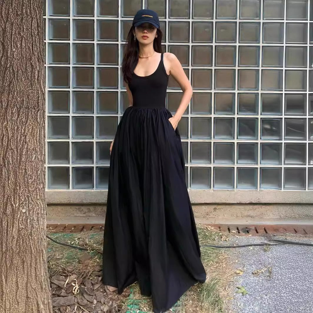 Sleeveless vest long skirt black suspender dress for women in summer