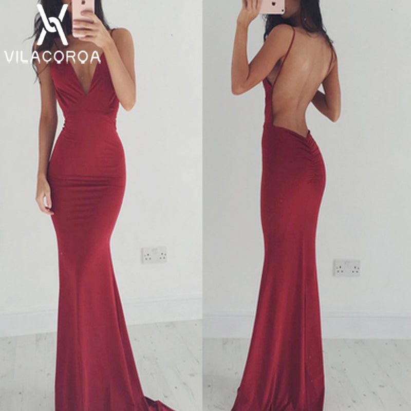 Spaghetti Strip Sleeveless Backless Party Dress Women V-neck Fishtail Maxi Dress