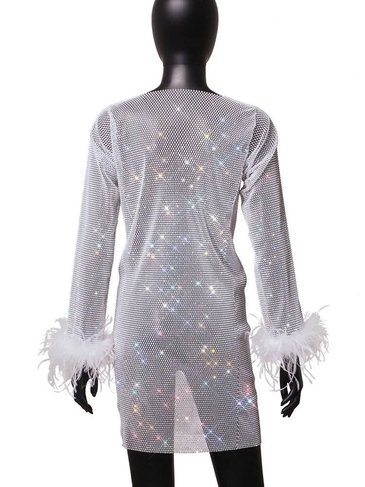 Sexy Skinny Fishnet Rhinestone Dresses For Women Shiny Diamond Mesh See Through Feather Long Sleeves Party Mini Dress