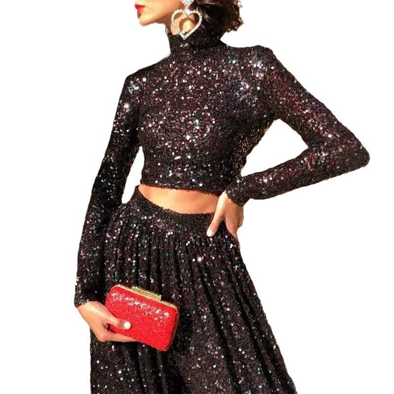 Sequined elegant banquet high-neck long-sleeved two-piece annual party performance dress set