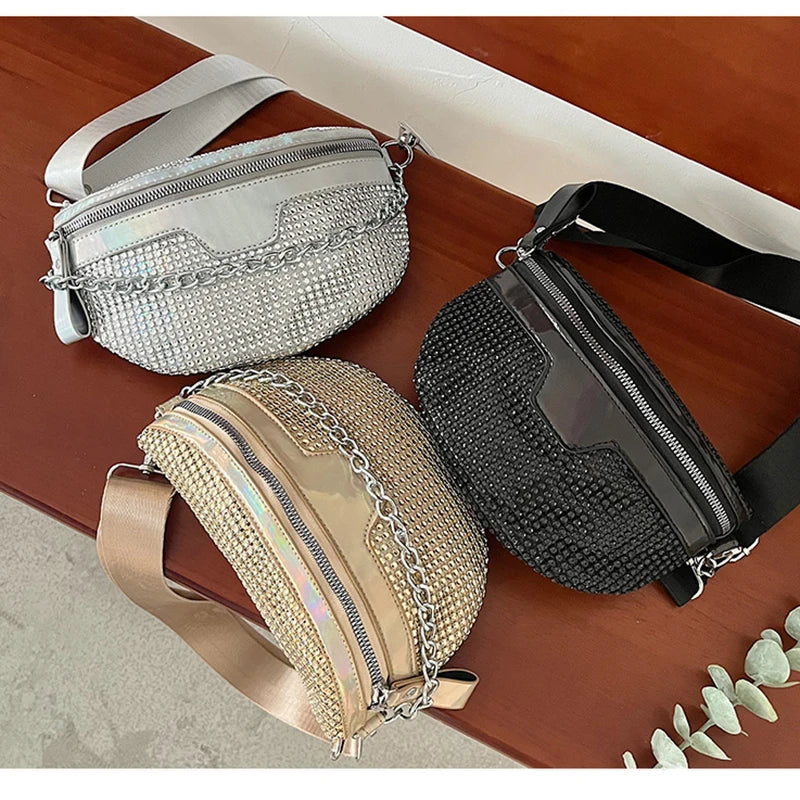 Women Fanny Pack Diamond Waist Belt Bag Luxury Designer Shoulder Bags For Women Fashion Handbag Chain Chest Pack Crossbody Bags