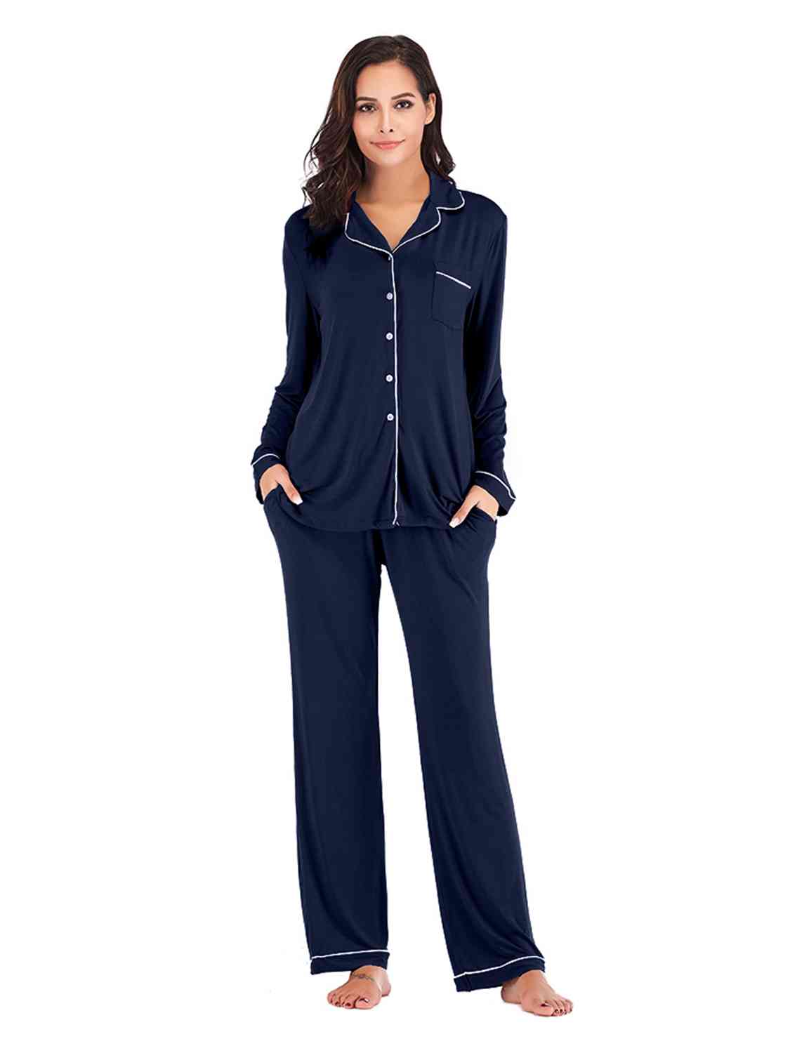 Collared Neck Long Sleeve Loungewear Set with Pockets