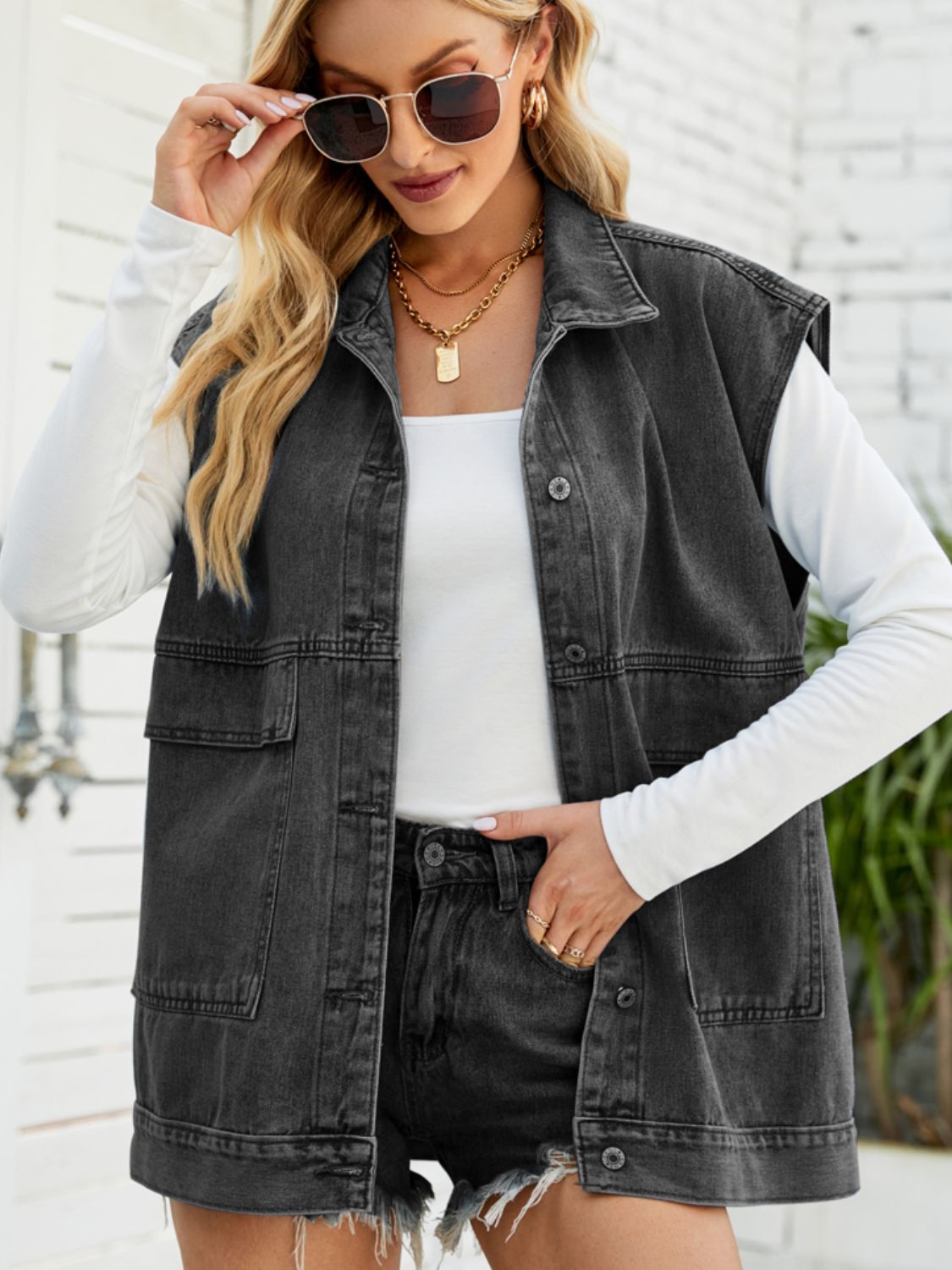 Collared Neck Sleeveless Denim Top with Pockets