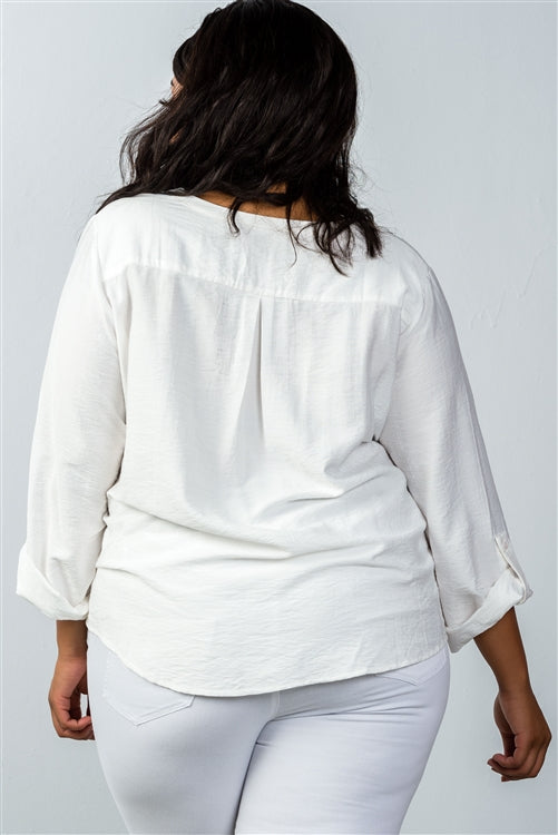 Plus Size Oatmeal Stand-up Collar Roll Tab Sleeve Blouse