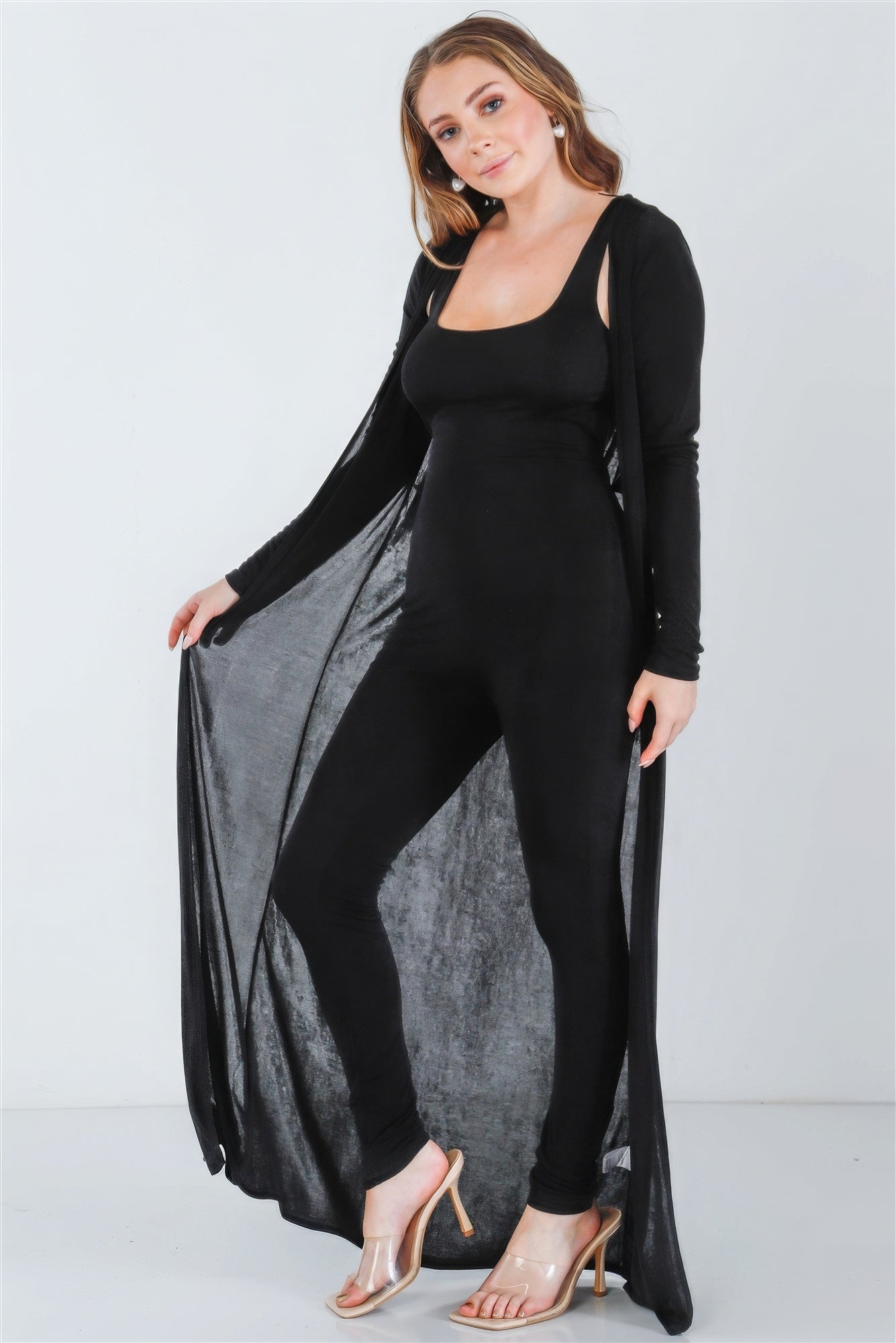 Black Sleeveless Cut-out Detail Slim Fit Jumpsuit & Open Front Long Sleeve Cardigan Set